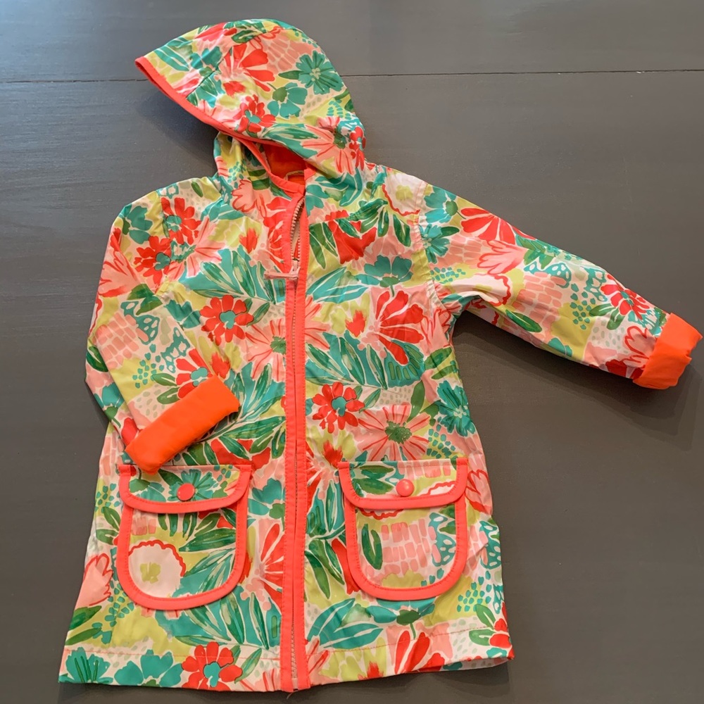 Coral & Tropical Floral Raincoat Sz 4T 🌺🌿🌸